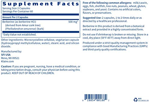 Foto 5 pulgar | Suplemento Klaire Labs Berberine Hci 500 Mg 120 Cápsulas - Venta Internacional.