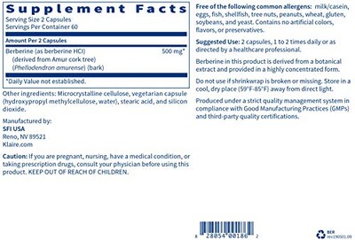 Foto 4 | Suplemento Klaire Labs Berberine Hci 500 Mg 120 Cápsulas - Venta Internacional.