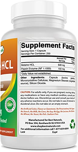 Foto 6 pulgar | Suplemento Best Naturals Betaine Hcl 648 Mg 250 Cápsulas - Venta Internacional.