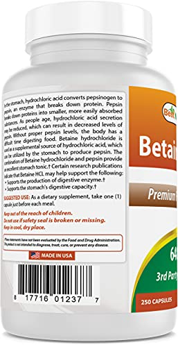 Foto 7 pulgar | Suplemento Best Naturals Betaine Hcl 648 Mg 250 Cápsulas - Venta Internacional.
