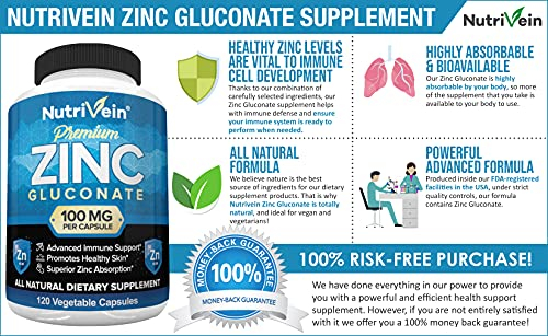 Foto 3 pulgar | Suplemento Nutrivein Premium De Gluconato De Zinc 100 Mg 120 Cápsulas - Venta Internacional.