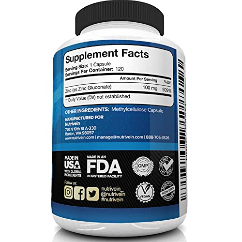 Foto 6 pulgar | Suplemento Nutrivein Premium De Gluconato De Zinc 100 Mg 120 Cápsulas - Venta Internacional.