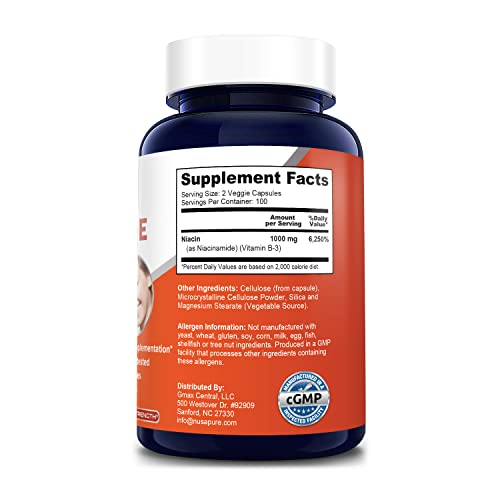 Foto 3 pulgar | Suplemento De Niacinamida Nusapure 1000 Mg 200 Cápsulas Vegetarianas - Venta Internacional.