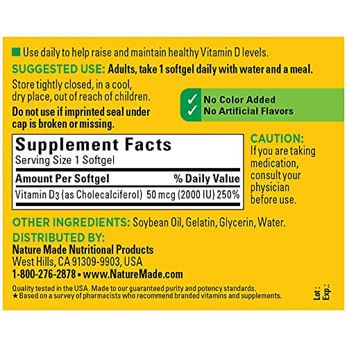 Foto 2 | Suplemento De Vitamina D3 De Nature Made, 2000 Ui, 250 Cápsulas Blandas - Venta Internacional.