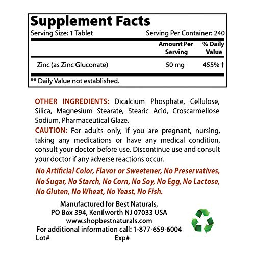 Foto 3 pulgar | Suplemento De Zinc Best Naturals, Gluconato De Zinc, 50 Mg, 240 Tabletas - Venta Internacional.