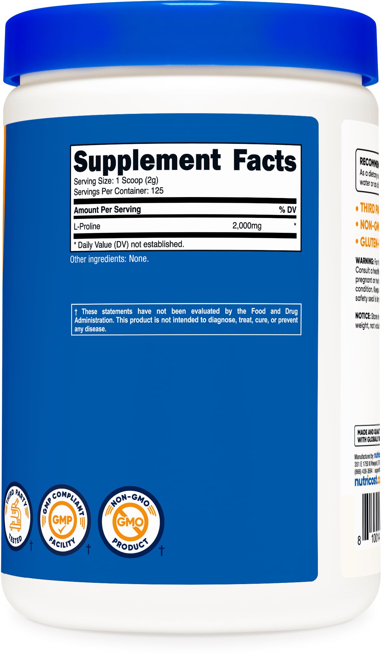Foto 6 pulgar | Suplemento Nutricost L-prolina En Polvo 250 G - 2000 Mg/serv - Venta Internacional.