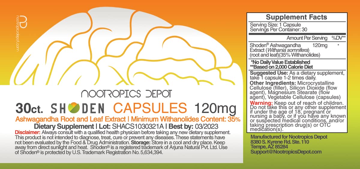 Foto 3 pulgar | Suplemento De Extracto De Ashwagandha Nootropics Depot Shoden 120 Mg - Venta Internacional.