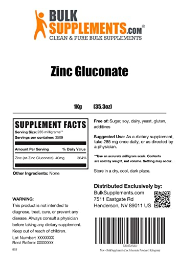 Foto 3 pulgar | Gluconato De Zinc En Polvo Bulksupplements.com 1 Kg - Vegano - Venta Internacional.