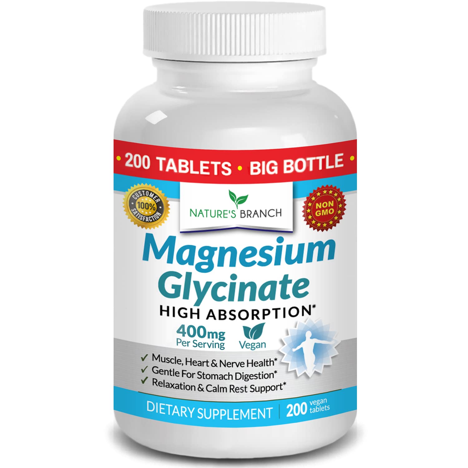 Suplemento De Glicinato De Magnesio De Nature's Branch, 400 Mg, 200 Tabletas - Venta Internacional.