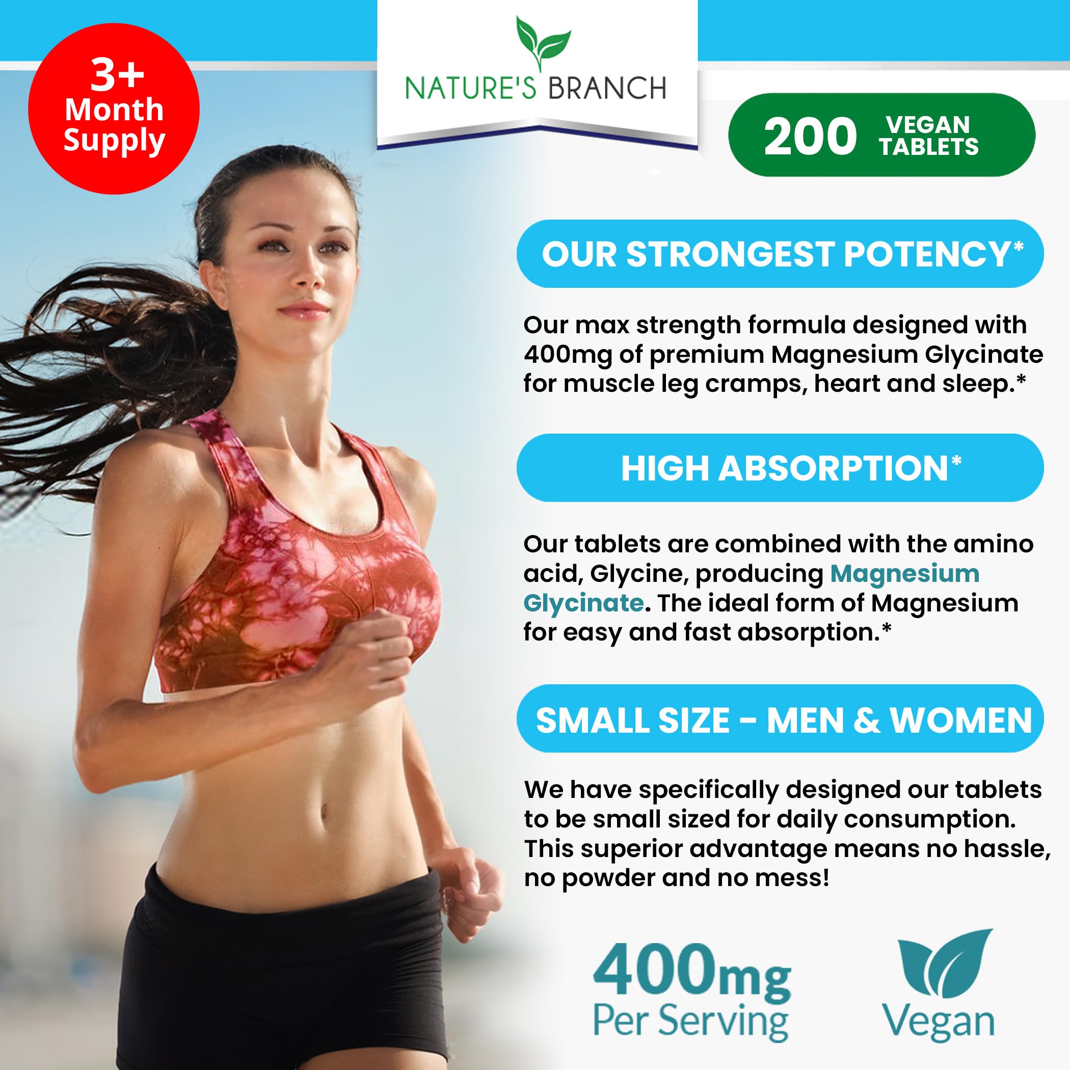 Foto 2 | Suplemento De Glicinato De Magnesio De Nature's Branch, 400 Mg, 200 Tabletas - Venta Internacional.