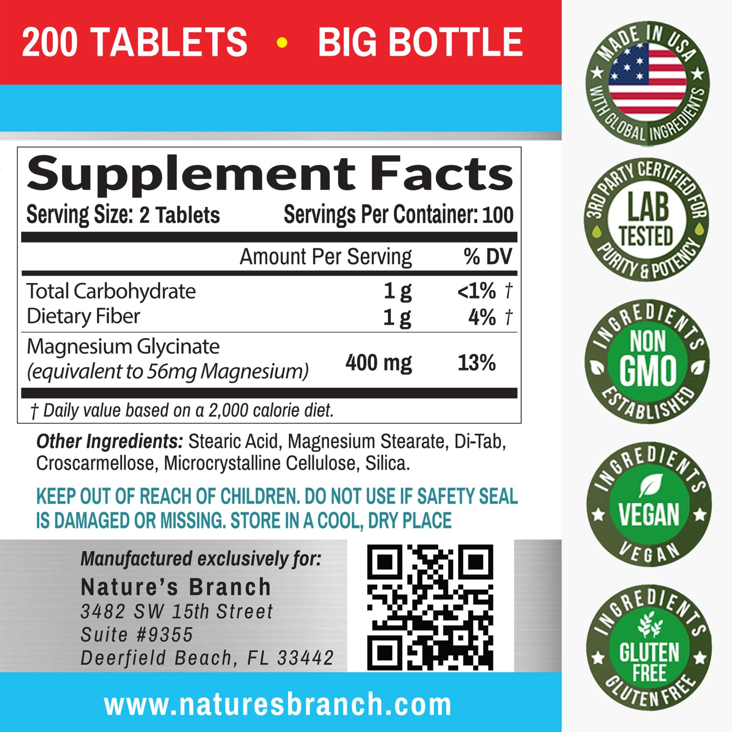 Foto 6 | Suplemento De Glicinato De Magnesio De Nature's Branch, 400 Mg, 200 Tabletas - Venta Internacional.