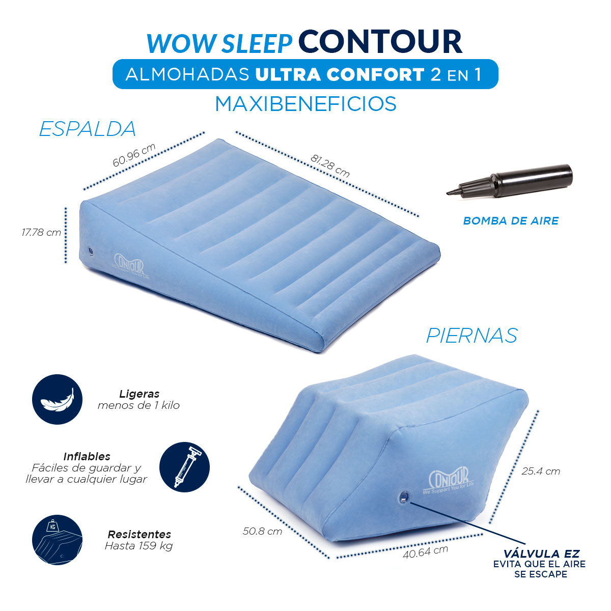 Foto 3 pulgar | 3 Almohadas Ortopédicas  Tv Ofertas Contour 2 En 1 +  Flip Pillow Color Azul Y Blanco Multifuncionales