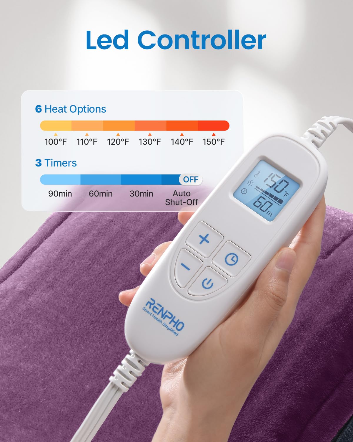 Foto 4 | Almohadilla Térmica Renpho Electric Heat Para Aliviar El Dolor De Espalda, Color Morado - Venta Internacional.