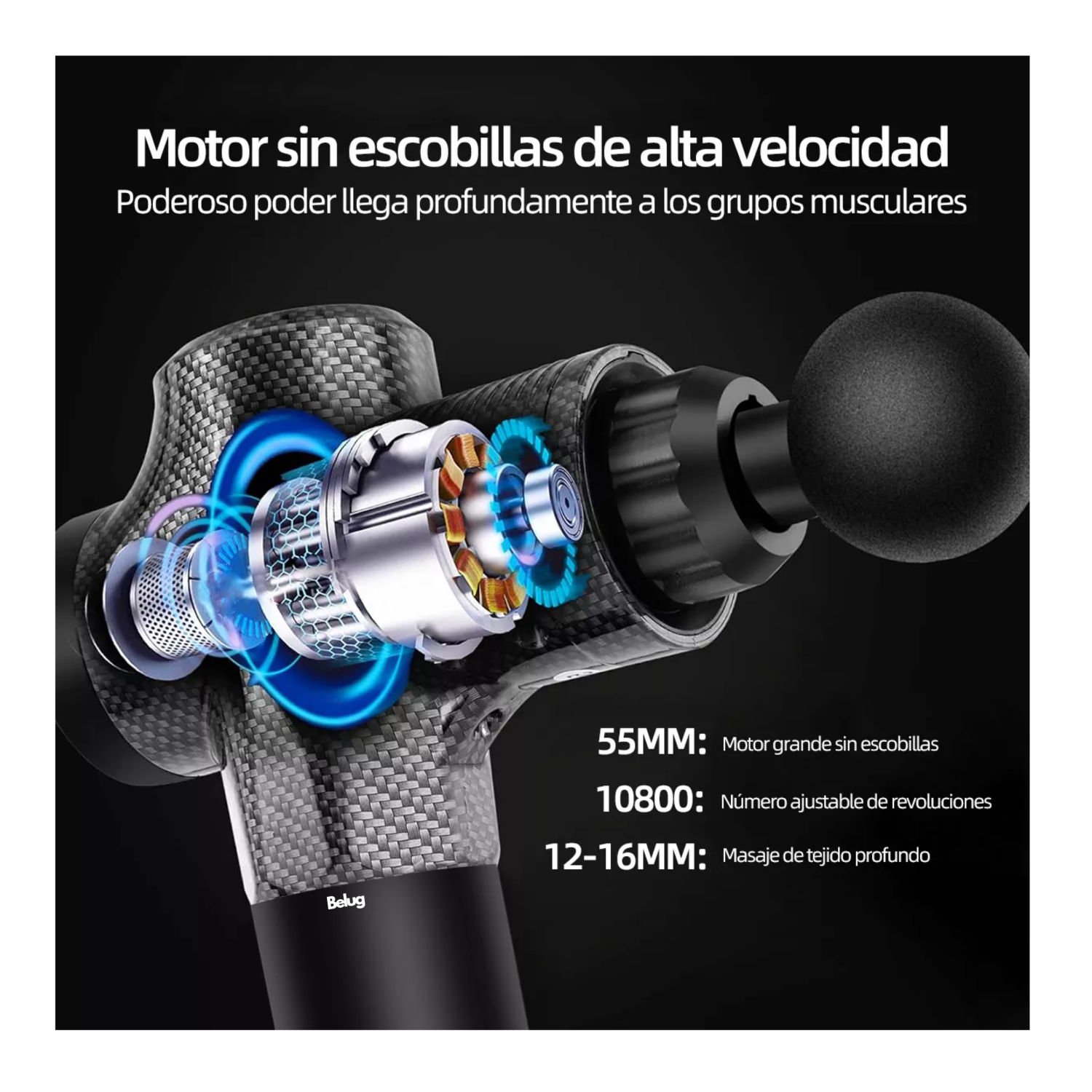 Foto 3 pulgar | Pistola De Masaje Masajeador Eléctrico 6000 Mah Belug, Negro Rayado Gris
