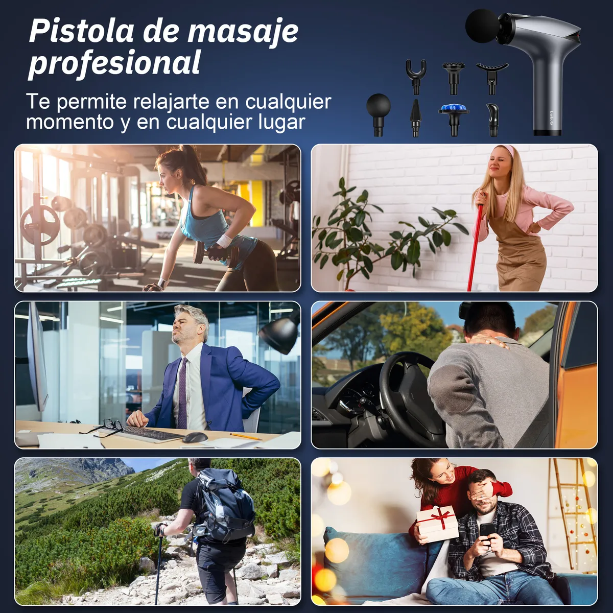 Foto 4 pulgar | Pistola Masajeadora De Músculos 8 Velocidades Con 7 Cabezales Lab.g Gris