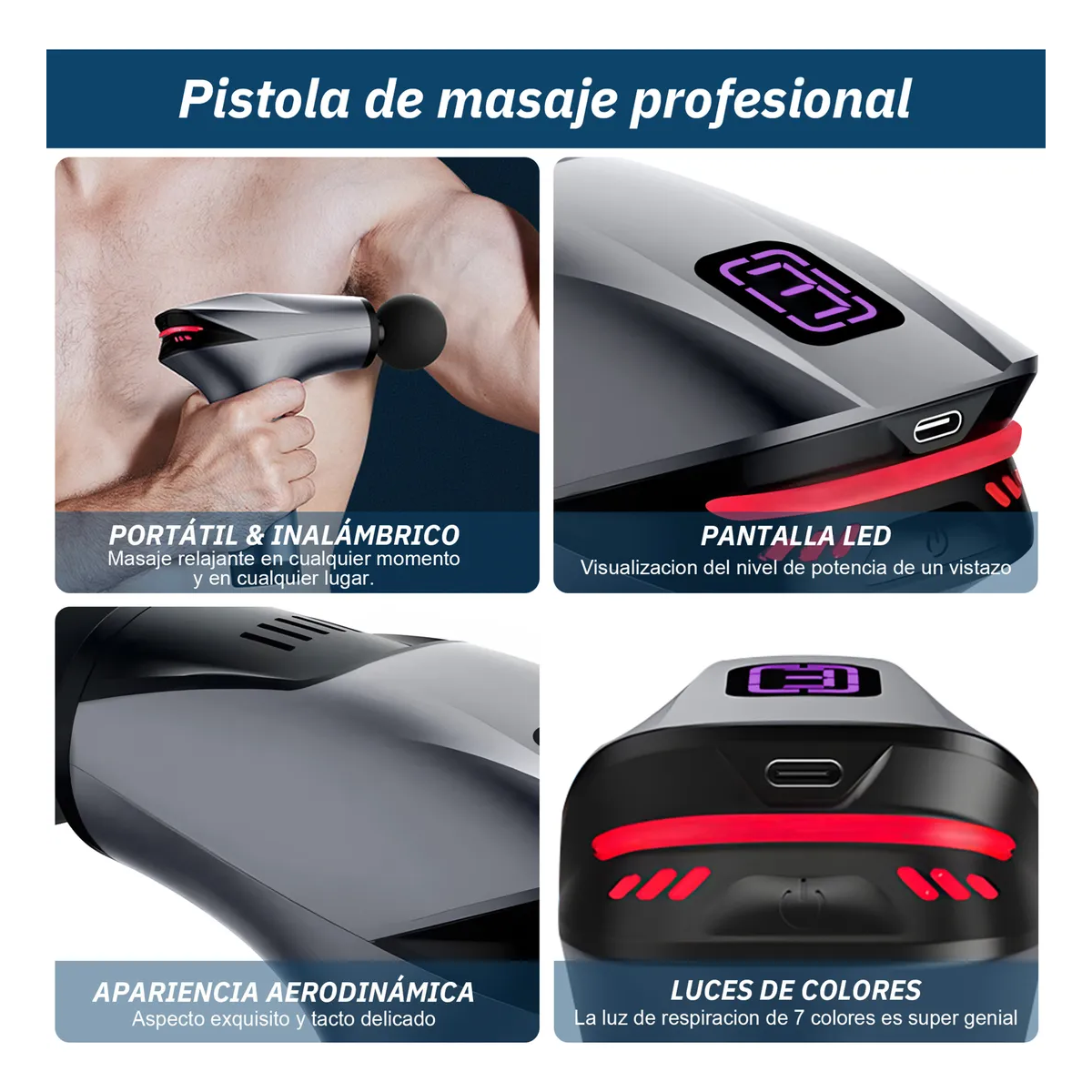 Foto 5 pulgar | Pistola Masajeadora De Músculos 8 Velocidades Con 7 Cabezales Lab.g Gris