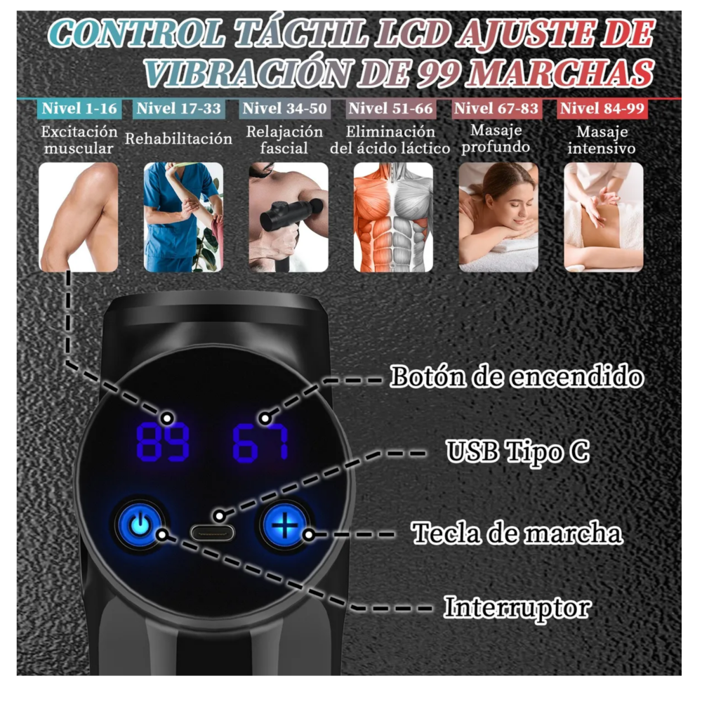 Foto 6 pulgar | Masajeadores Eléctricos Pistola De Masaje Muscular 8 Cabezales Belug, Negro