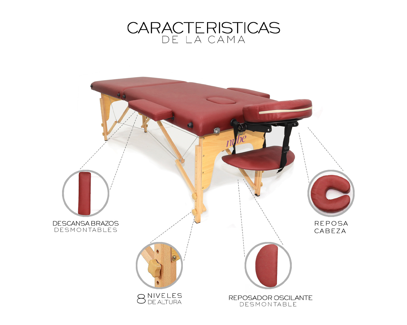 Foto 4 pulgar | Cama De Masaje Plegable Profesional Cama Extentida Tattoo Posiciones Cabecera Reposa Brazos Portátil nube color vino