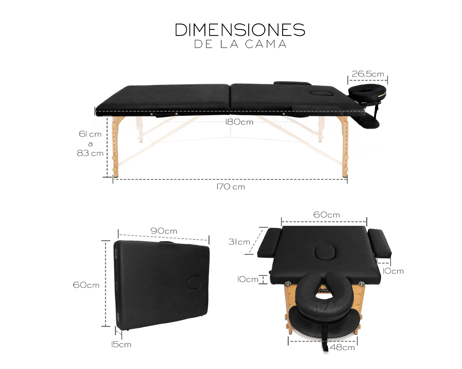 Foto 8 | Cama De Masaje Plegable Profesional Cama Extentida Basitex Color Negro
