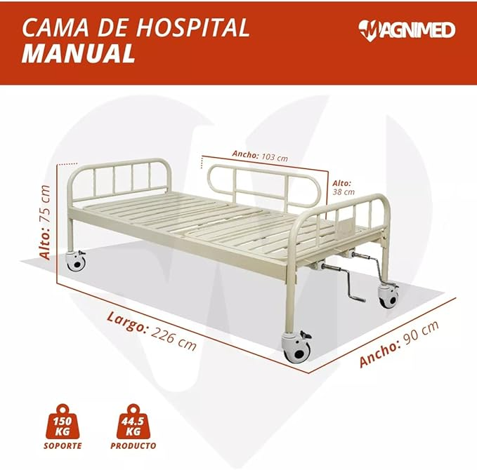 Foto 5 pulgar | Cama Hospitalaria Manual 2 Manivelas | Acero Inoxidable, Barandales Abatibles, Ruedas Con Freno | Soporta Hasta 130 Kg