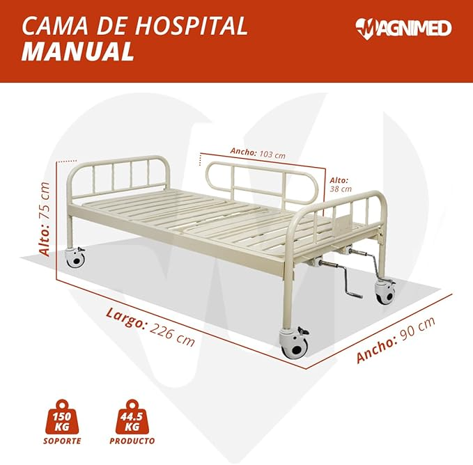 Foto 6 pulgar | Cama Hospitalaria Manual De 2 Manivelas, Incluye: Porta Suero Y Colchón Hospitalario (soporta Hasta 130 Kg)