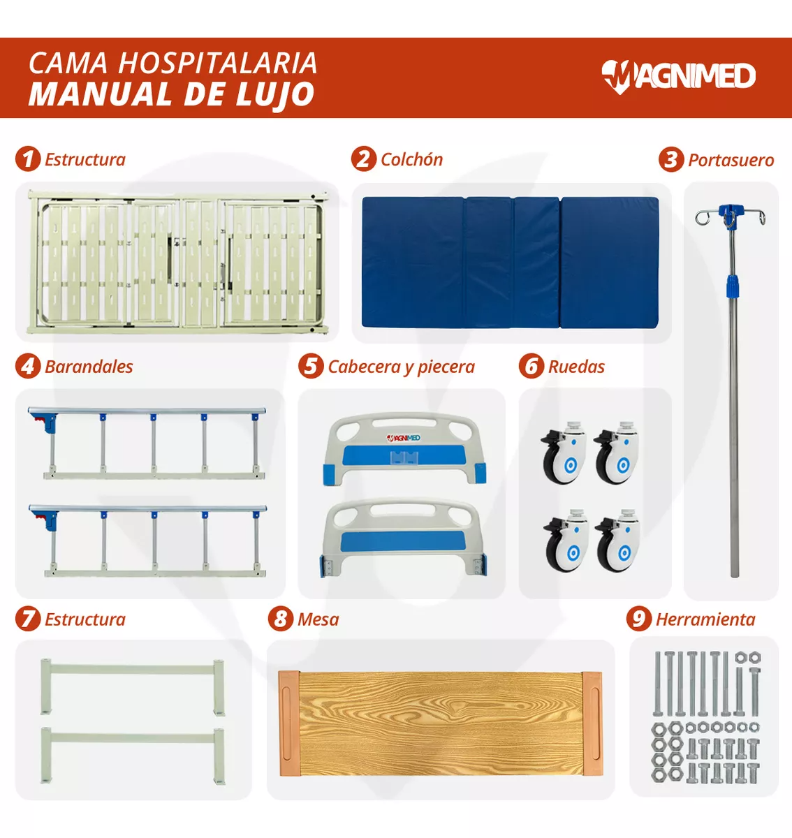 Foto 3 pulgar | Cama De Hospital Manual De Lujo Con Barandales, Porta Suero Y Mesa Para Alimentos | Acero Inoxidable, Soporta Hasta 15
