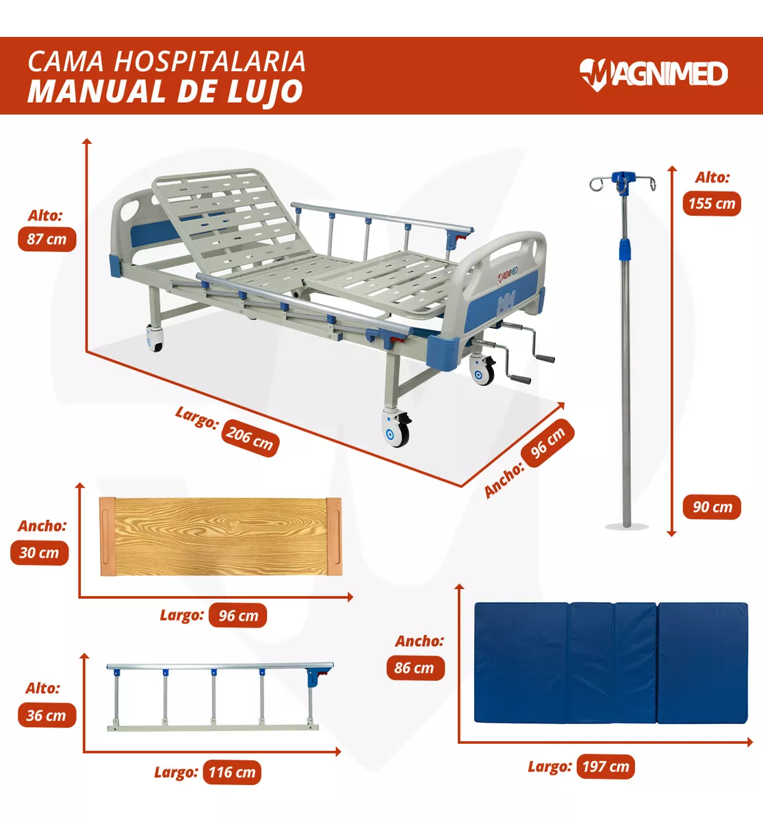 Foto 4 pulgar | Cama De Hospital Manual De Lujo Con Barandales, Porta Suero Y Mesa Para Alimentos | Acero Inoxidable, Soporta Hasta 15