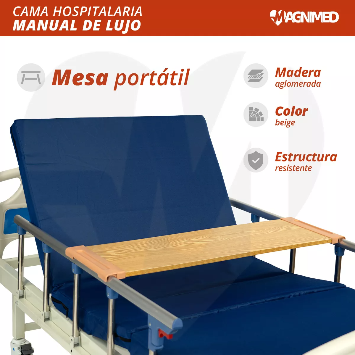 Foto 5 pulgar | Cama De Hospital Manual De Lujo Con Barandales, Porta Suero Y Mesa Para Alimentos | Acero Inoxidable, Soporta Hasta 15