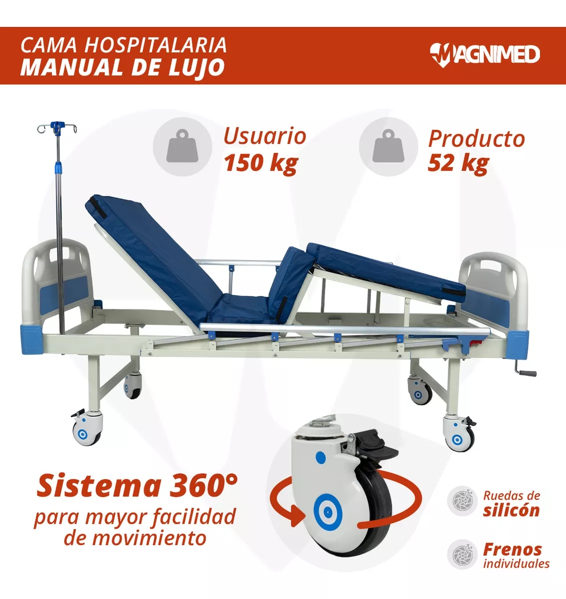 Foto 7 pulgar | Cama De Hospital Manual De Lujo Con Barandales, Porta Suero Y Mesa Para Alimentos | Acero Inoxidable, Soporta Hasta 15