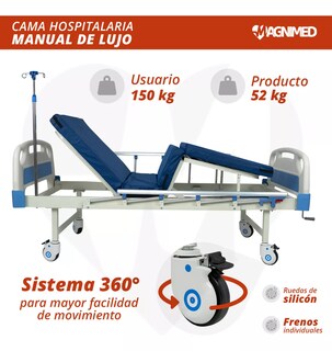 Foto 6 | Cama De Hospital Manual De Lujo Con Barandales, Porta Suero Y Mesa Para Alimentos | Acero Inoxidable, Soporta Hasta 15