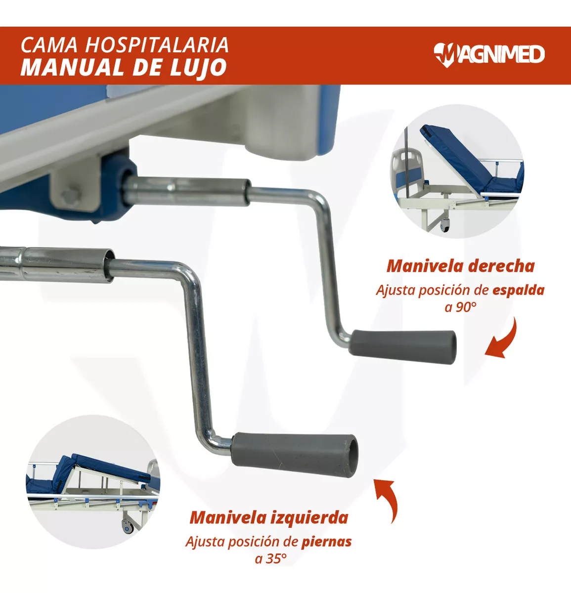 Foto 8 pulgar | Cama De Hospital Manual De Lujo Con Barandales, Porta Suero Y Mesa Para Alimentos | Acero Inoxidable, Soporta Hasta 15