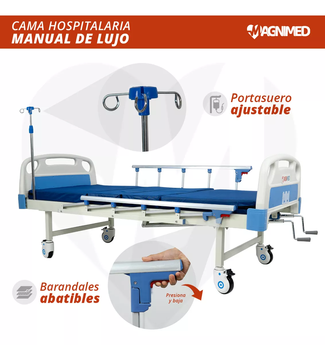 Foto 9 pulgar | Cama De Hospital Manual De Lujo Con Barandales, Porta Suero Y Mesa Para Alimentos | Acero Inoxidable, Soporta Hasta 15