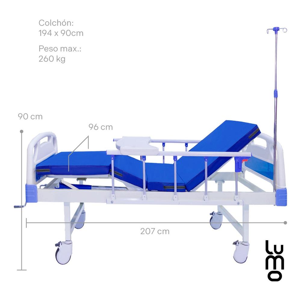 Foto 4 pulgar | Cama Hospitalaria Manual Porta Suero Bandeja Comida Colchón
