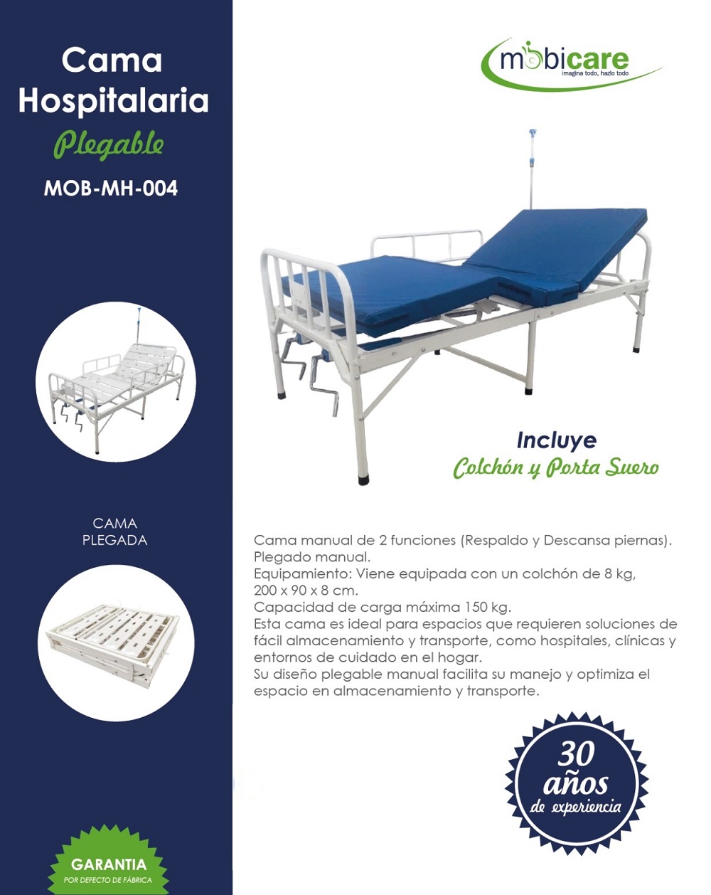 Foto 5 | Cama Hospitalaria Plegable Mobicare C/ Colchón Y Porta Suero