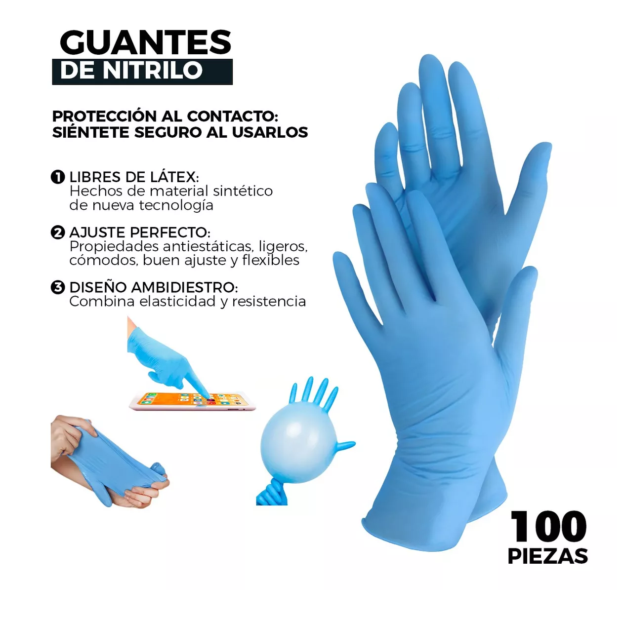 Foto 3 pulgar | Guante Vinil Nitrilo Libre De Latex L / Azul 50 pares