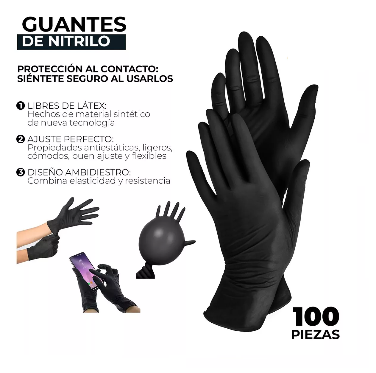 Foto 3 pulgar | Guante Vinil Nitrilo Libre De Latex Negro / L 50 pares