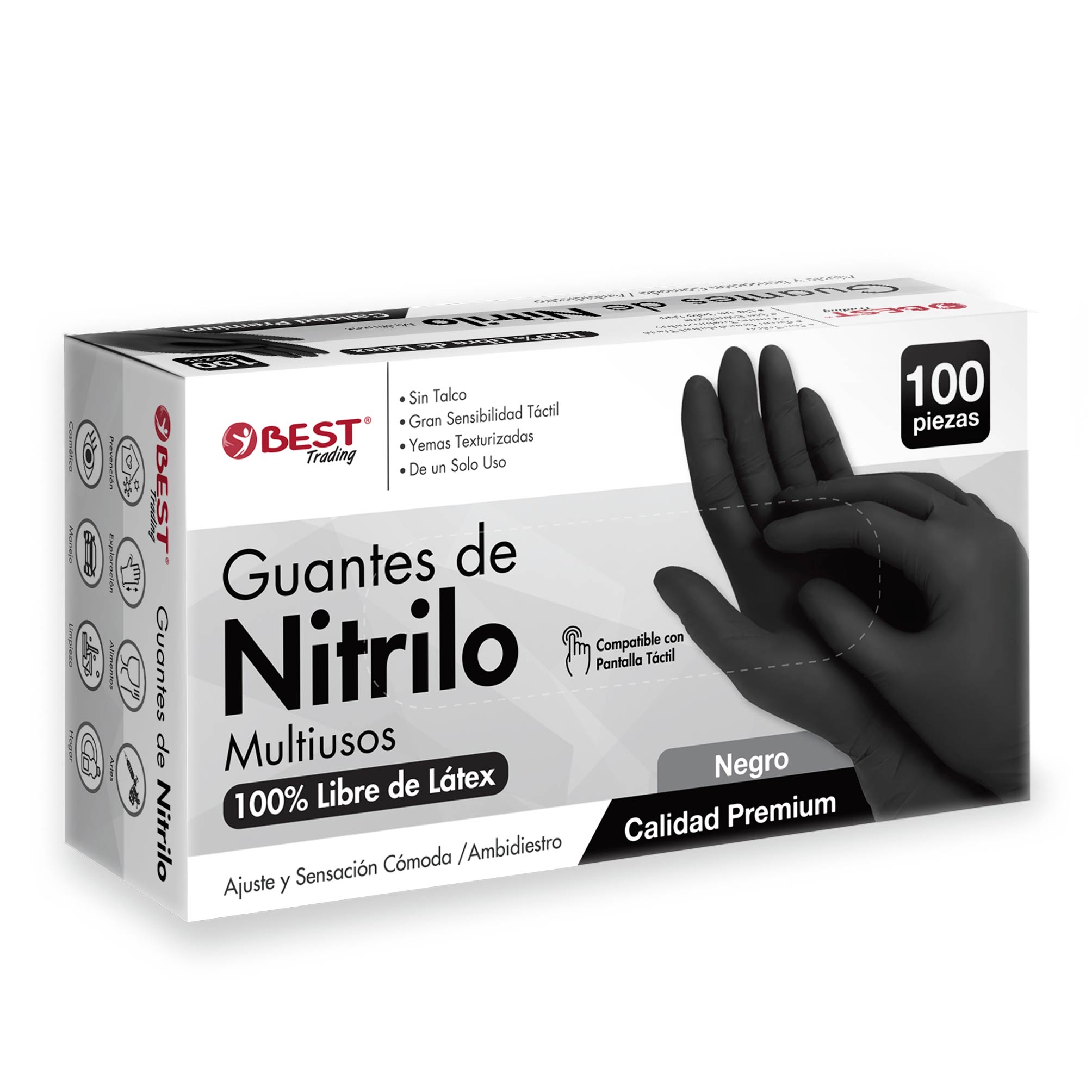 Best Trading 100 Guantes De Nitrilo Color Negro: Libres De Látex, Ajuste Perfecto Sin Polvo, Tecnología Touchscreen