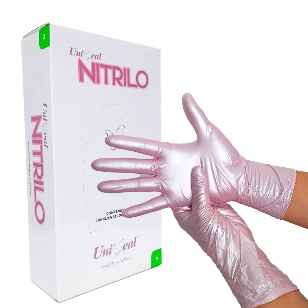 Foto 2 pulgar | Guantes Desechables De Nitrilo Rosa Metalico Caja Dispensadora Con 100 Guantes Uniseal