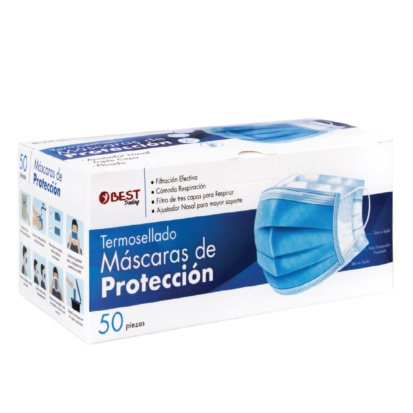 Cubrebocas Tricapa Termosellado Azul 50 pz