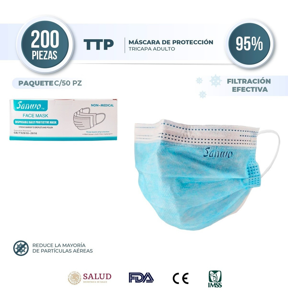 Foto 3 pulgar | Cubrebocas Uso Médico Tricapa Sanwo con 200 Piezas Para Adulto