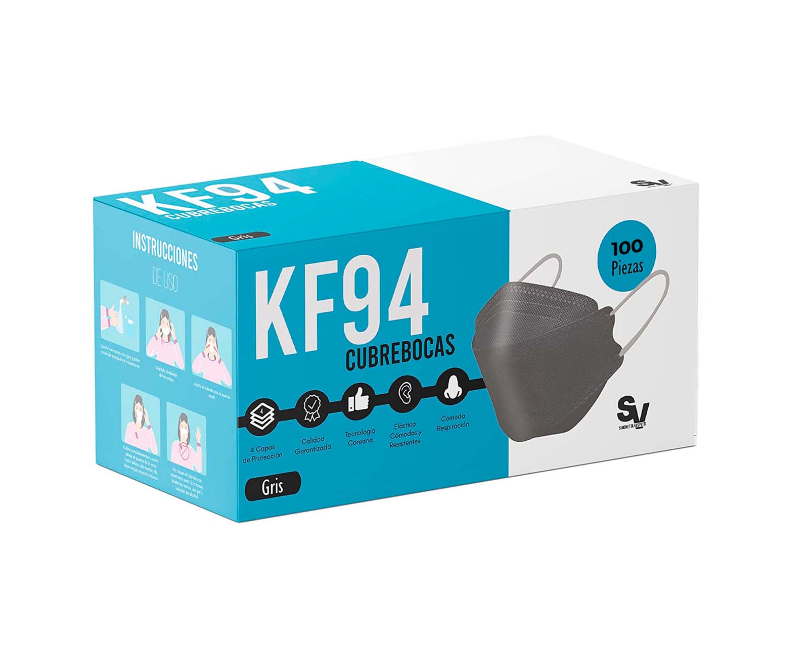 Foto 1 | Paquete de 100 Cubrebocas Hanylish Kf94 color Gris 4 Capas con Distintas Funciones