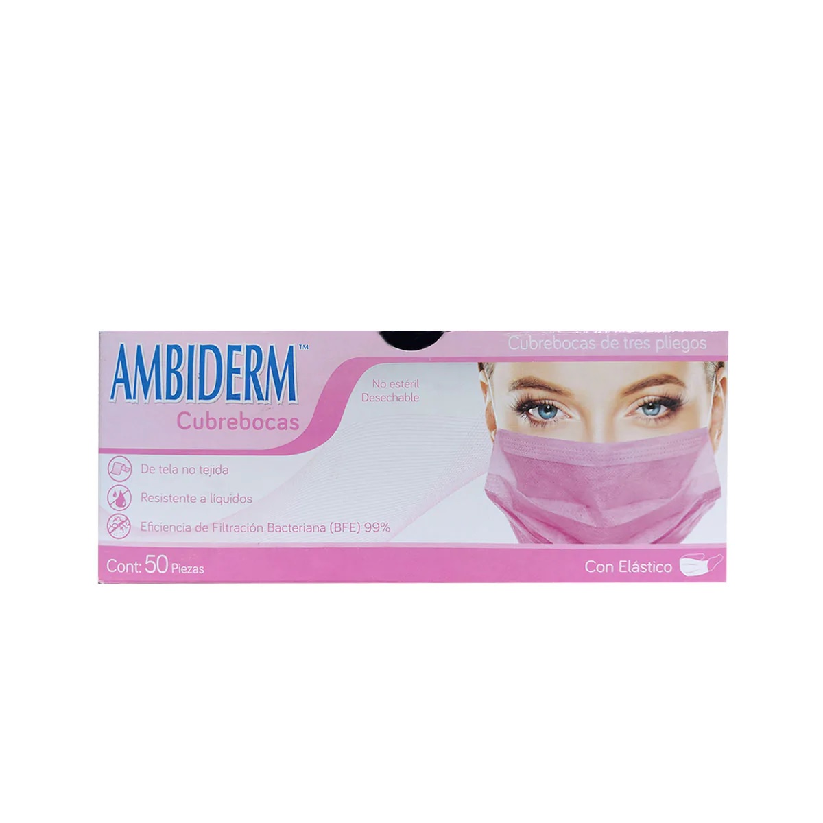 Cubrebocas Ambiderm 50pz color Rosa