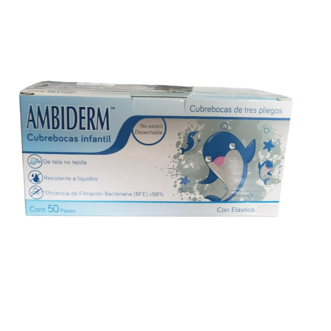 Cubrebocas Infantil Blanco Con Delfin Ambiderm con 50 pz