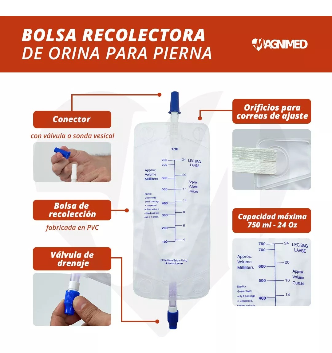 Foto 3 | Bolsa Recolectora De Orina Para Pierna 750 Ml - 10 Piezas