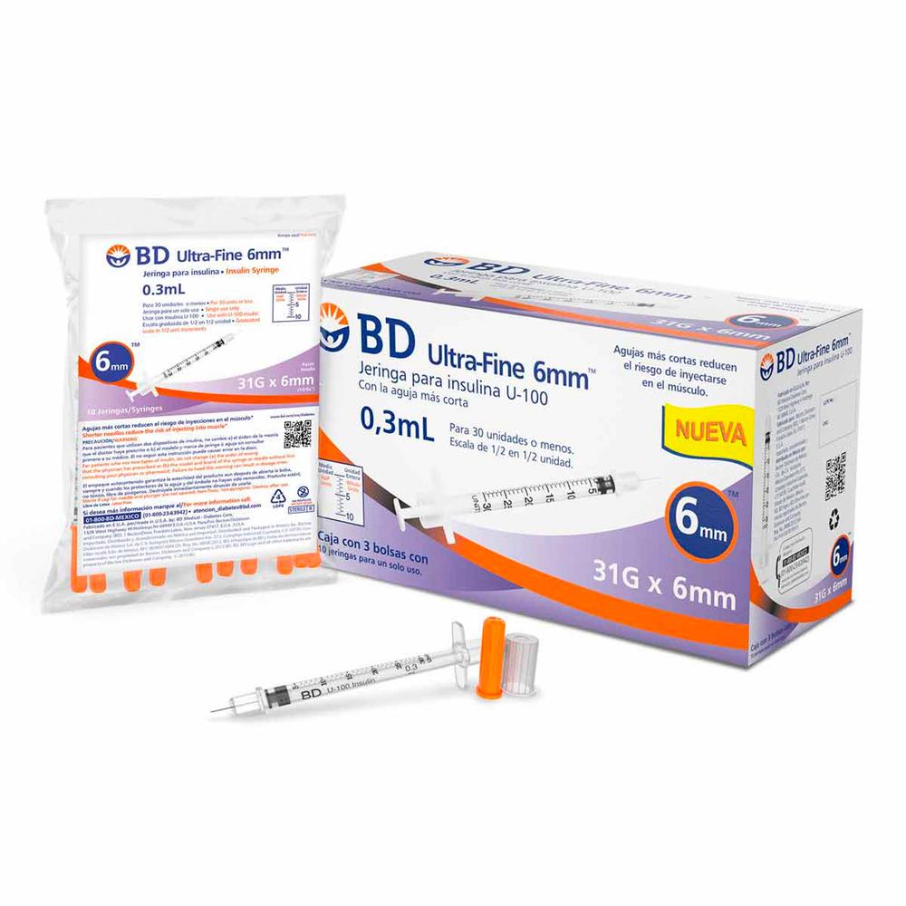 Foto 2 pulgar | Jeringa para Insulina BD Ultra Fine 0.3 ml 31g x 6mm 30 Piezas