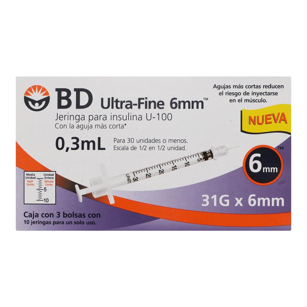 Foto 3 pulgar | Jeringa para Insulina BD Ultra Fine 0.3 ml 31g x 6mm 30 Piezas
