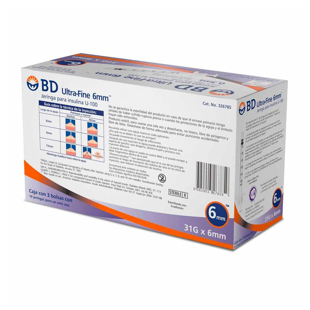 Foto 4 pulgar | Jeringa para Insulina BD Ultra Fine 0.3 ml 31g x 6mm 30 Piezas