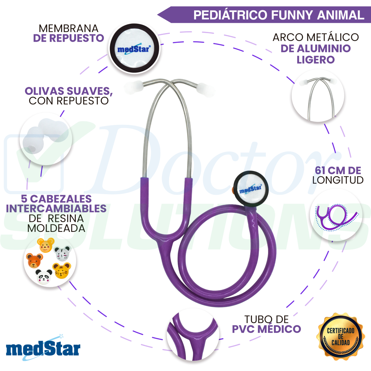 Foto 4 pulgar | Estetoscopio Pediátrico MedStar 30E Púrpura de 1 Campana Funny Animal