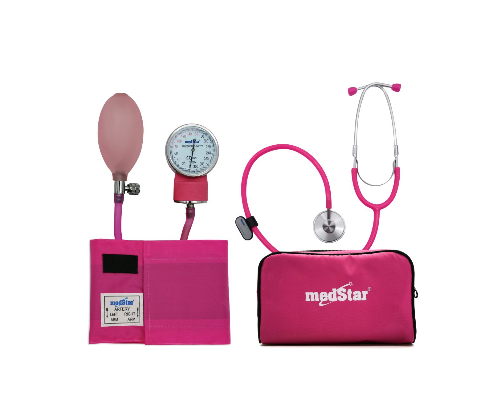 Baumanómetro Aneroide Medstar color Rosa Kit con Estetoscopio de una Campana