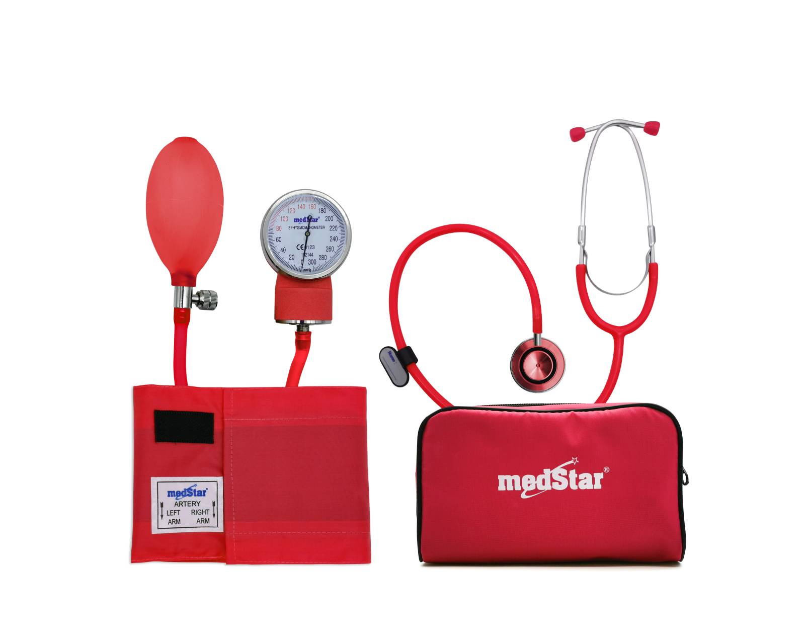 Kit Baumanómetro Aneroide Medstar 50b-f color Rojo con Estetoscopio de Doble Campana